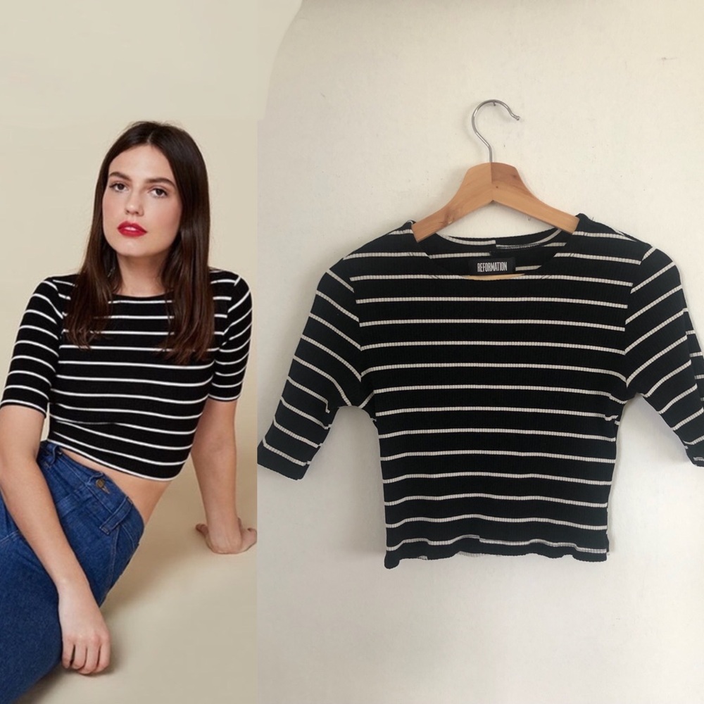 Reformation Black and White Striped rubbed crop Sleeve Top